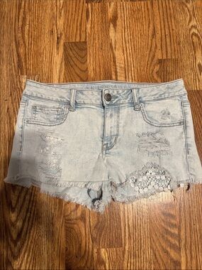 American Eagle Outfitters Light Blue Distressed Crochet Denim Shorts